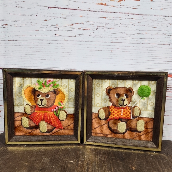 Vintage Framed Teddy Bear Needlepoint Art Set - Picture 1 of 6
